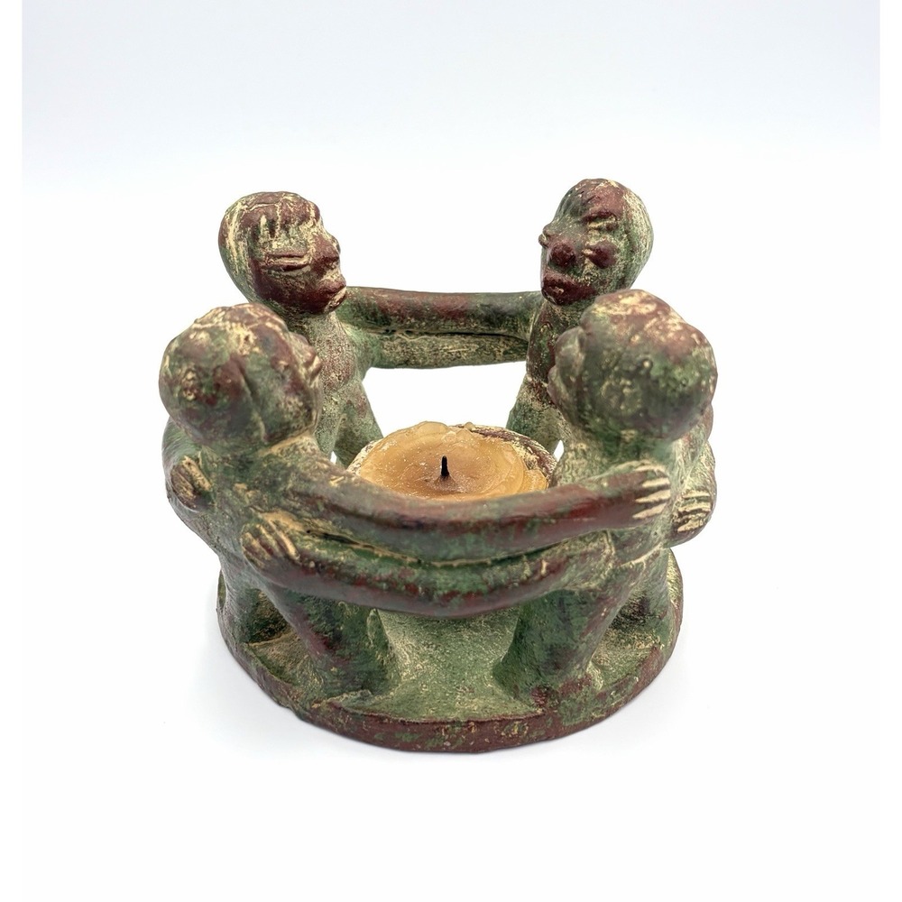 Vintage Circle of Friends Candle Holder Terracotta Clay Mexican Folk Art Mexico